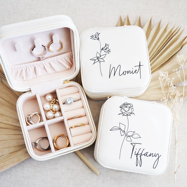 Bridesmaid Jewelry Box | Galentines Gifts for Women | Personalized Travel Jewelry Case | Birth Flower Gift | Birthday Gift for Her
