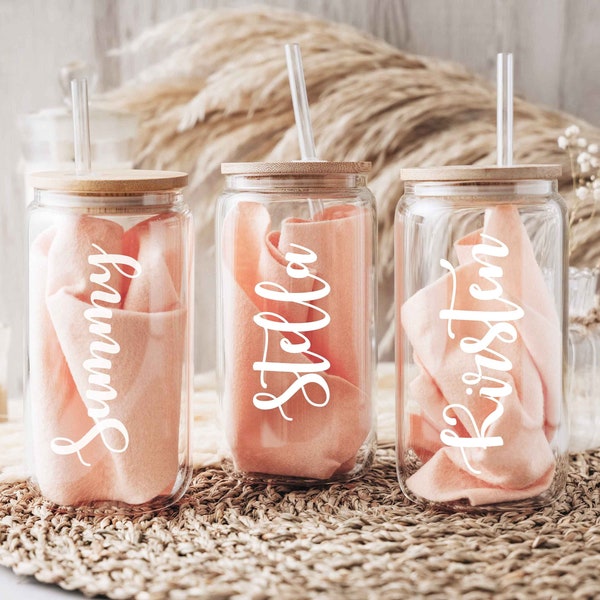 Personalized Glass Cup with Lid | Bridesmaid Gifts | Valentines Day Gifts for Her | Bridesmaid Proposal | Bachelorette Party Favors