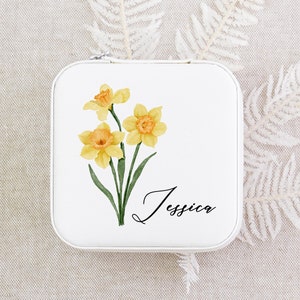 Personligt smyckeskrin med födelseblomma, brudtärnepresenter till henne, heminredning, anpassat smyckeskrin för resor, presenter till brudparet [JB01] bild 1