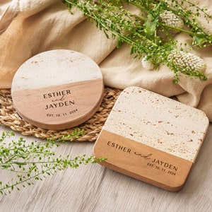 Personalized Wood Marble Coaster Set, Housewarming Gifts for Couple, Engagement Gifts, Bridal Shower Gifts, New Home Gift