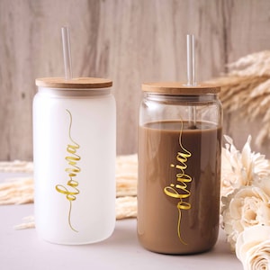 Iced Coffee Glass Cup with Lid | Bridesmaid Proposal | Personalized Glass Can | Valentines Day Gifts for Girlfriend | Glass Tumbler for Her