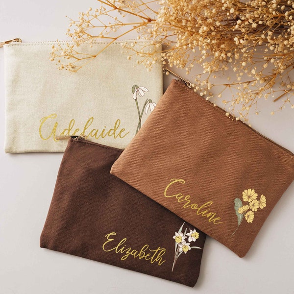 Personalized Birth Flower Makeup Bag | Bridal Party Gifts | Bridesmaid Proposal | Custom Cosmetic Bags | Valentines Day Gifts for Her