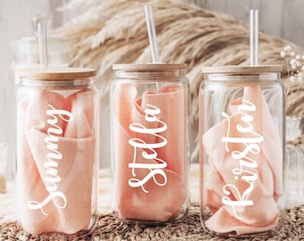 Personalized Glass Cup with Lid | Custom Name Gift Glass Can | Birthday Gift for Her | Best Friend Gift | Iced Coffee Glass Tumbler
