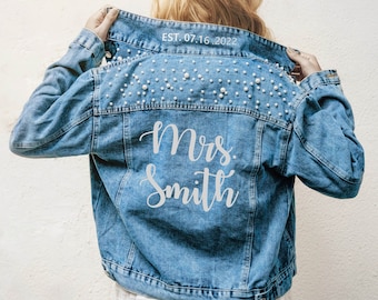 Mrs Pearl Jean Jacket | Custom Bride Denim Jacket | Personalized Bride Gift | Jean Jacket for Honeymoon | Engagement Gift