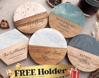 Custom Wood Marble Coaster Set | Housewarming Gifts for Couple | New Home Gifts for Sister | Unique Coaster Set for Brother | Sibling Gift