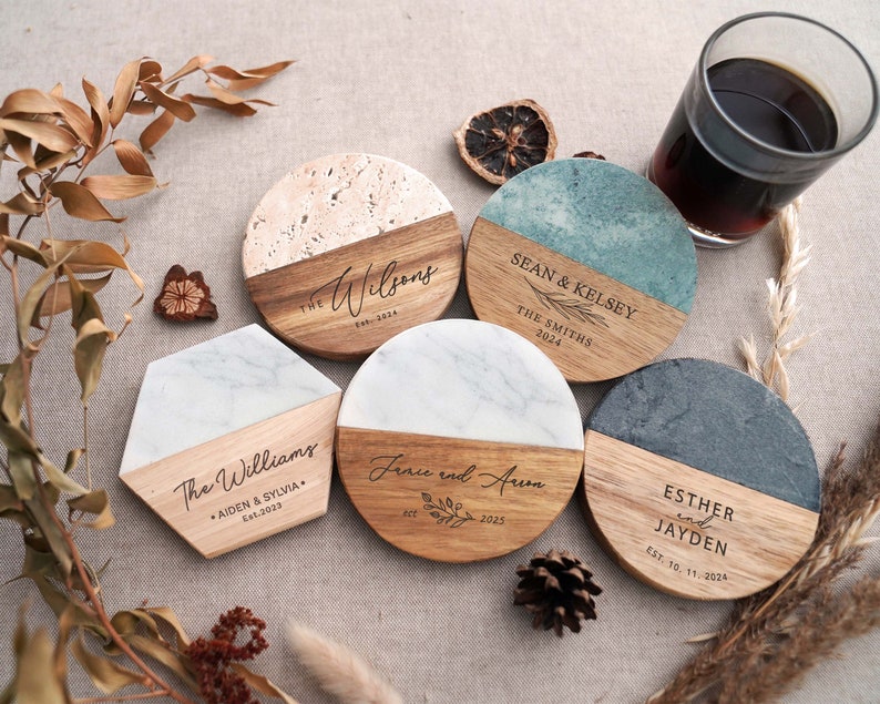 a group of wooden coasters sitting on top of a table