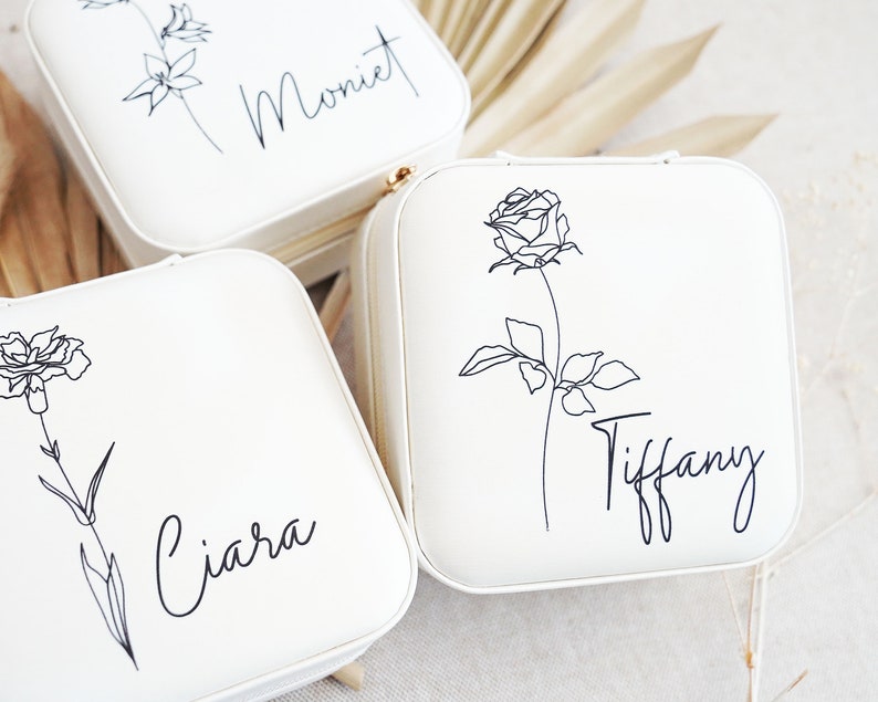 Bridesmaid Jewelry Box Bridesmaid Proposal Personalized Travel Jewelry Case Gift for Her Birth Flower Gifts Bridal Shower Gift zdjęcie 10