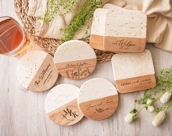 Benutzerdefinierte Holz und Travertin Untersetzer, Hochzeitsgeschenke für Paare, personalisierte Untersetzer-Set, Einweihungsgeschenk, Weihnachtsgeschenke, neues Zuhause Geschenk