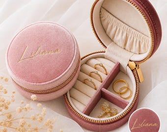 Custom Velvet Jewelry Box, Bridesmaid Gift: Round Travel Jewelry Case with Zipper [VJB02]