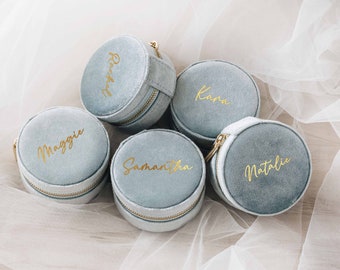 Personalized Round Jewelry Case | Bridesmaid Proposal | Custom Christmas Gifts for Her | Bridal Party | Italian Velvet Travel Jewelry Box