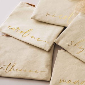 Personalized Makeup Bag with Gold Name, Bridesmaid Proposal Gift, Custom Canvas Cosmetic Pouch, Bachelorette Party Favors [MUB-0105] image 13