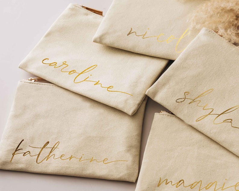 Personalized Makeup Bag with Gold Name, Bridesmaid Proposal Gift, Custom Canvas Cosmetic Pouch, Bachelorette Party Favors [MUB-0105] image 13
