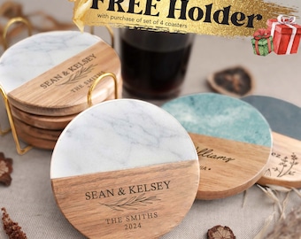 Personalized Marble Wood Coasters | Bridal Shower Gifts | Custom Coaster Set | Engagement Gifts | Wedding Gift | Couple Gifts | Housewarming