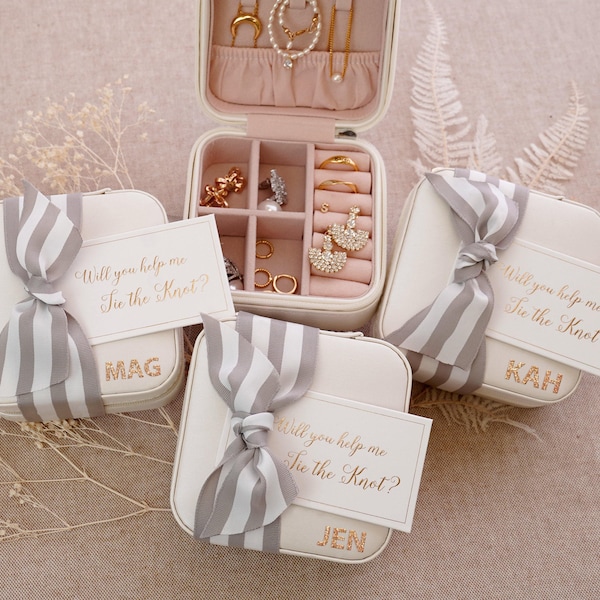 Personalized Jewelry Box with Name and Ribbon for Bridesmaid Proposal, Wedding Gift for the Bride, Travel Jewelry Case Gift For Her [JB01]