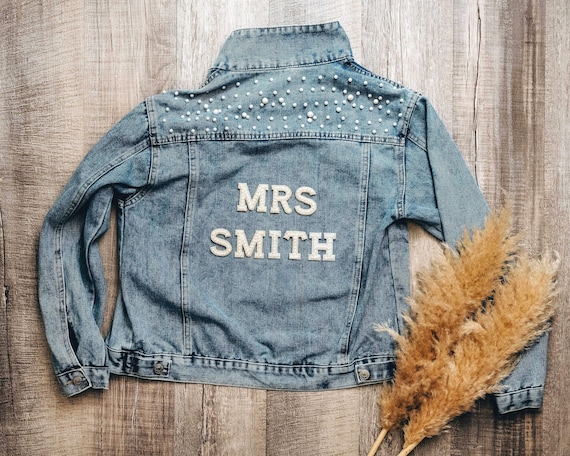 Pearl Jean Jacket with Personalized Letters: Mrs Denim Jacket for Bride, Wedding Photo, Bridal Party, Honeymoon Couple Outfit