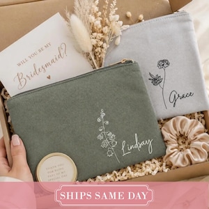 Geschenkidee für Brautjungfern: Personalisierte Kosmetiktasche aus Canvas mit Geburtsmonatsblumenmuster und Namen, 15 x 23 cm