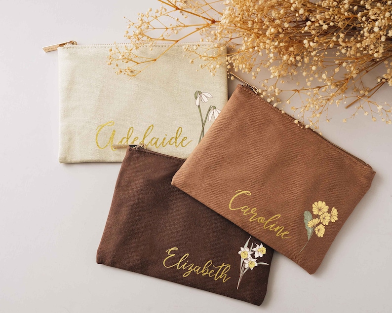 Personalized Birth Flower Makeup Bag Bridal Party Gifts Bridesmaid Proposal Custom Cosmetic Bags Valentines Day Gifts for Her image 1