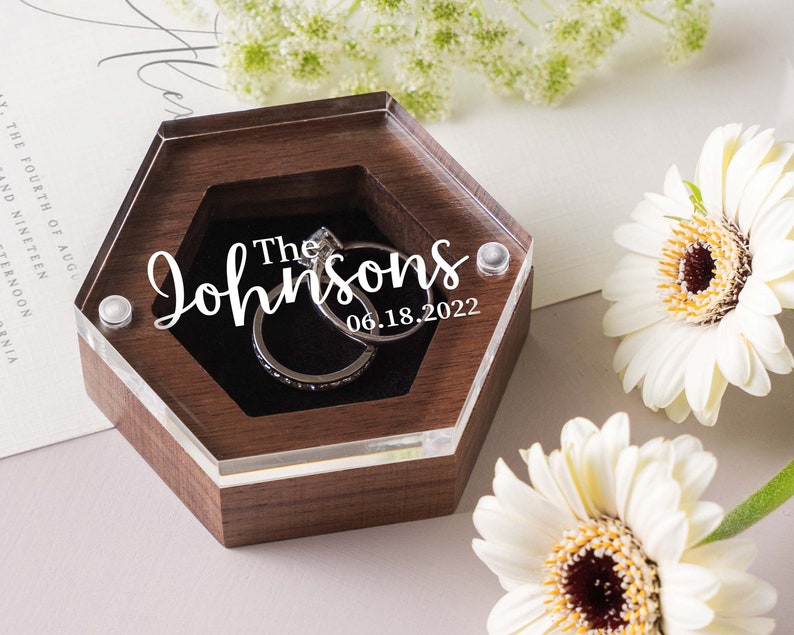 Personalized Wedding Ring Box Ring Bearer with Acrylic Lid & Wood Base Engraved Ring Box for Engagement Wedding Ceremony Keepsake Box image 8