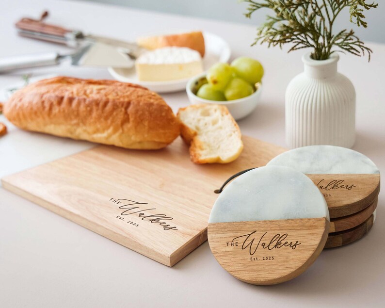 Custom Serving Tray, Wood Cutting Board, Marble Coaster Set: Wedding, Housewarming, Christmas image 2