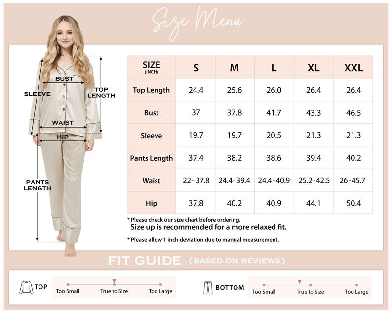 a women's pajama set measurements guide