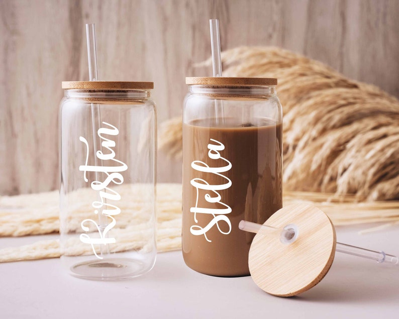 Personalized Glass Cup With Lid Bridesmaid Gifts Glass Can Etsy
