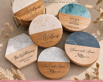 Custom Coasters Set, Personalized Wedding Gift, Marble and Wood Coaster, Engagement, Housewarming Gifts