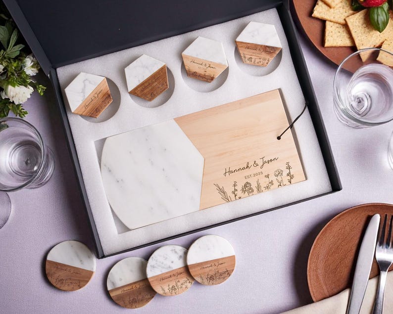 Custom Serving Tray, Wood Cutting Board, Marble Coaster Set: Wedding, Housewarming, Christmas image 1