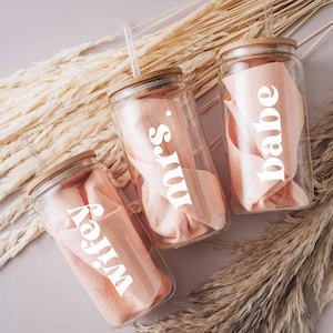 Personalized Glass Cup | Mrs Gift | Bride Gift | Custom Glass Can | Bridesmaid Gifts | Bridal Party Gift | Glass Tumbler | Gift for Her