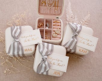 Personalized Jewelry Box with Name and Ribbon for Bridesmaid Proposal, Wedding Gift for the Bride, Travel Jewelry Case Gift For Her [JB01]