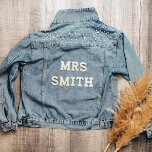 Pearl Jean Jacket with Personalized Letters: Mrs Denim Jacket for Bride, Wedding Photo, Bridal Party, Honeymoon Couple Outfit image 1