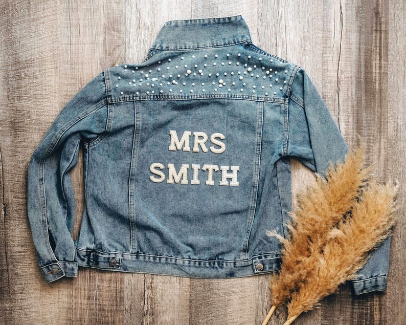Pearl Jean Jacket with Personalized Letters: Mrs Denim Jacket for Bride, Wedding Photo, Bridal Party, Honeymoon Couple Outfit image 1
