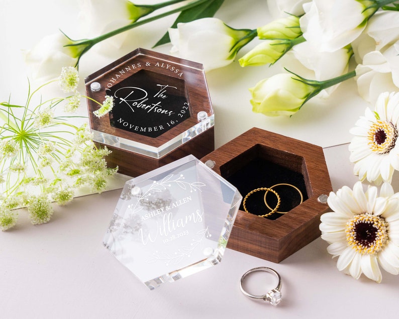 Personalized Wedding Ring Box Ring Bearer with Acrylic Lid & Wood Base Engraved Ring Box for Engagement Wedding Ceremony Keepsake Box image 7