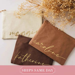 Personalized Gold Name Makeup Bag: Cotton Canvas Cosmetic Pouch