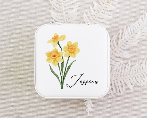 Personalized Jewelry Box Birth Flower, Bridesmaid Gifts for her, Home Decor, Custom Travel Jewelry Case, Bridal Party Gifts [JB01]