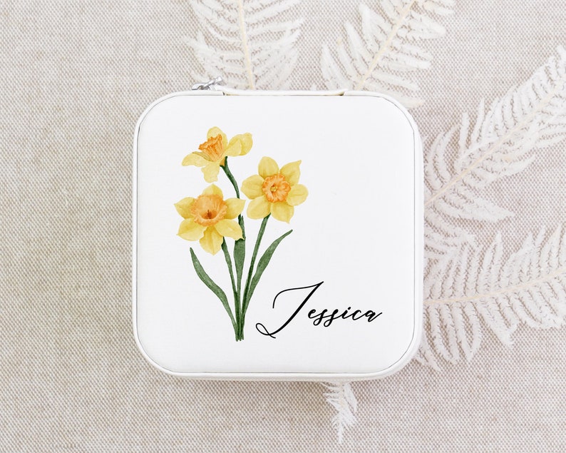 Personligt smyckeskrin med födelseblomma, brudtärnepresenter till henne, heminredning, anpassat smyckeskrin för resor, presenter till brudparet [JB01] bild 1