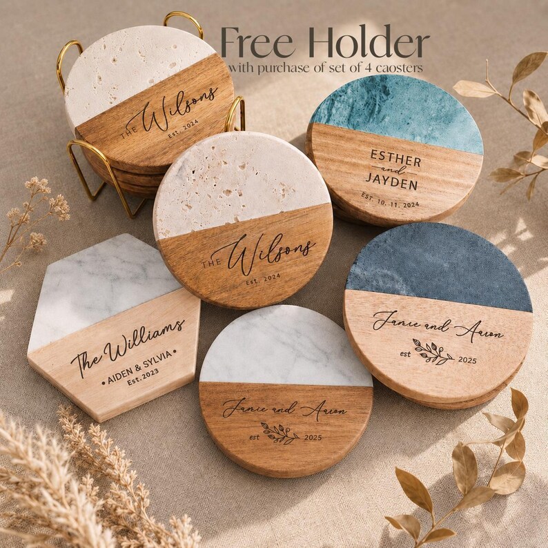 Custom Coasters Set, Housewarming Gift, Personalized Cutting Board Coaster, Wedding Gifts image 2