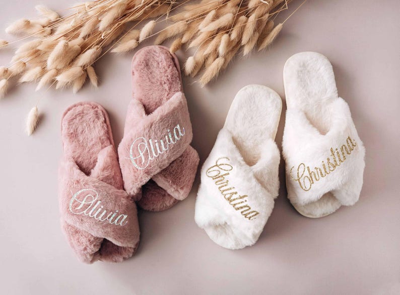 Bridesmaid Gits, Custom Fluffy Slippers, Bachelorette Party Favors, Bridal Shower, Wedding Gift for Her image 4