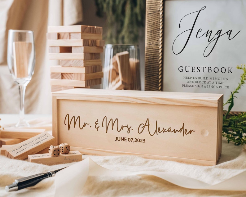 Personalized Wedding Jumbling Tower Wedding Guest Book Custom Alternative Guestbook Wedding Party Games 5th Anniversary Gifts image 1