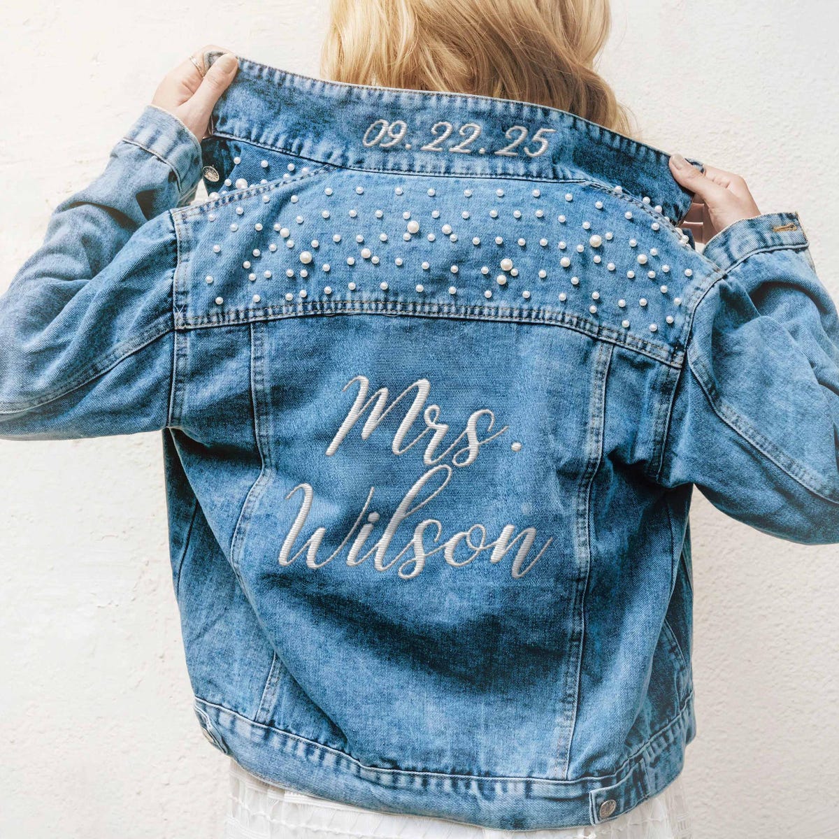 Custom Bridal Jean Jacket With Embroidered Text: Denim Gift for Bride, Wedding Photo, Bridal Shower, Bachelorette Party, Honeymoon Outfit - Etsy