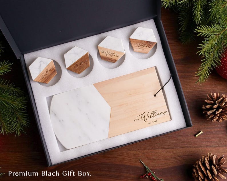 Custom Serving Tray, Wood Cutting Board, Marble Coaster Set: Wedding, Housewarming, Christmas image 11