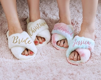 Bachelorette Party, Personalized Fluffy Slippers with Name, Gift for Her: Bridemaid Proposal, Bridal Shower, Spa Gifts