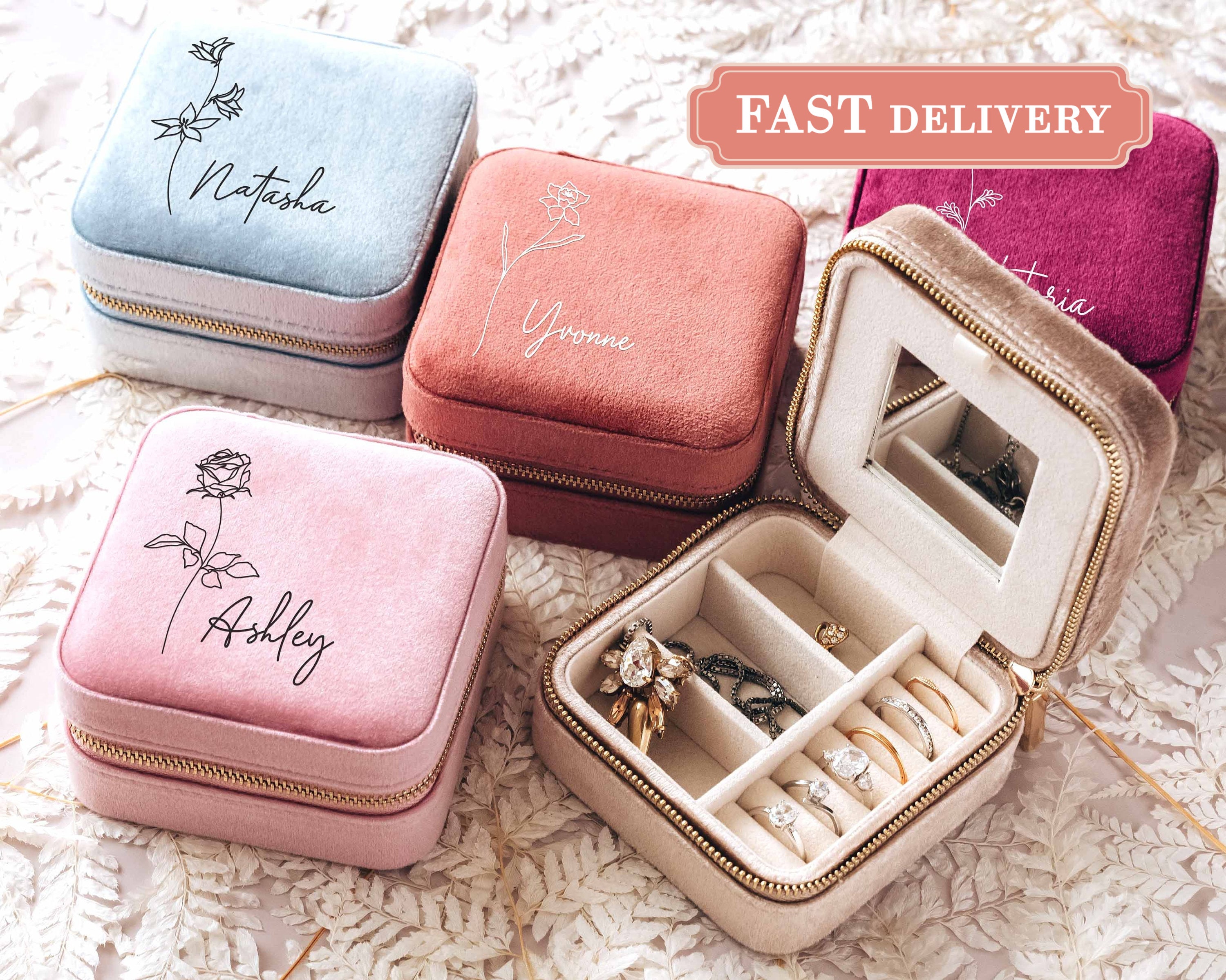 Bridesmaid Gift with Birth Month Flower, Personalized Jewelry Box in Velvet and PU Leather for Necklaces Earrings Bracelets for Travel