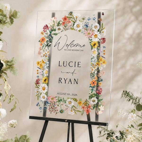 Willkommensschild für Hochzeiten mit Wildblumenmuster, Acryl-Schild für florale Partys und Empfänge, Gartenhochzeiten [N]