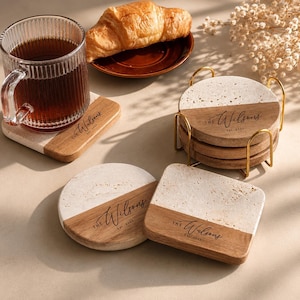 Bridal Shower Gift, Personalized Coasters, Housewarming Gifts, Custom Coaster Set, Marble and Wood image 3