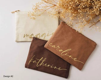 Personalized Makeup Bag with Gold Name, Bridesmaid Proposal Gift, Custom Canvas Cosmetic Pouch, Bachelorette Party Favors [MUB-0105]