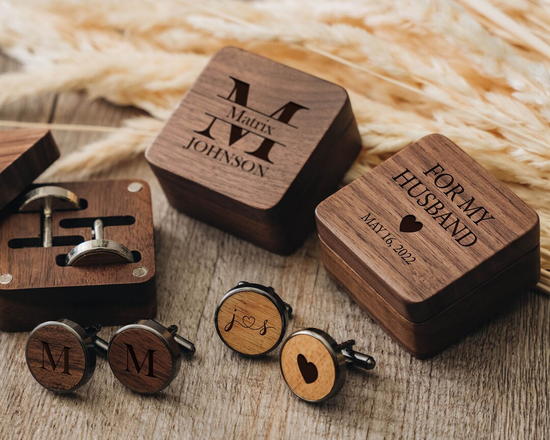 Wedding Day Gift for Husband Custom Engraved Wooden Cufflinks Personalized Anniversary Gift for ...