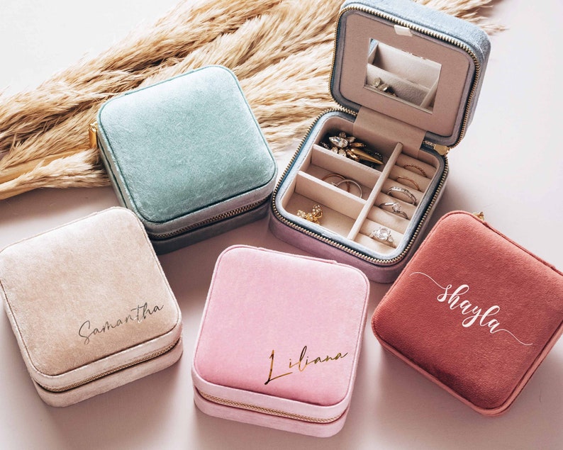 Custom Velvet Travel Jewelry Case Bridesmaid Gifts Proposal Valentines Day Gift Personalized Italian Velvet Jewelry Box Bridal Party image 7