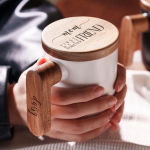 Personalized Coffee Mug in Black and White, Custom Ceramic Cup with Wood Lid and Handle, Gift for Any Occasion