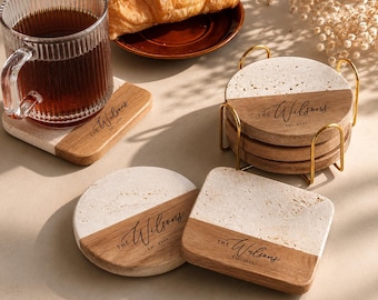 Personalized Stone Wood Coasters, Travertine Coaster Set, Wedding Gifts, Housewarming Gift