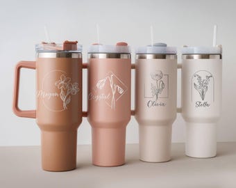 Personalized Tumbler 40 oz With Name, Birth Flower Wife Tumbler, Custom Travel Cup with Handle & Straw